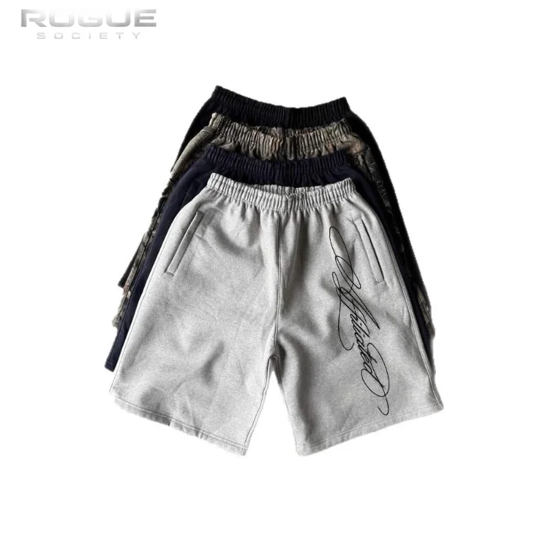 Harajuku Gothic Letter Print Pattern Washed Vintage Hip Hop Shorts Baggy Men American Retro Casual Streetwear Loose Summer Y2k