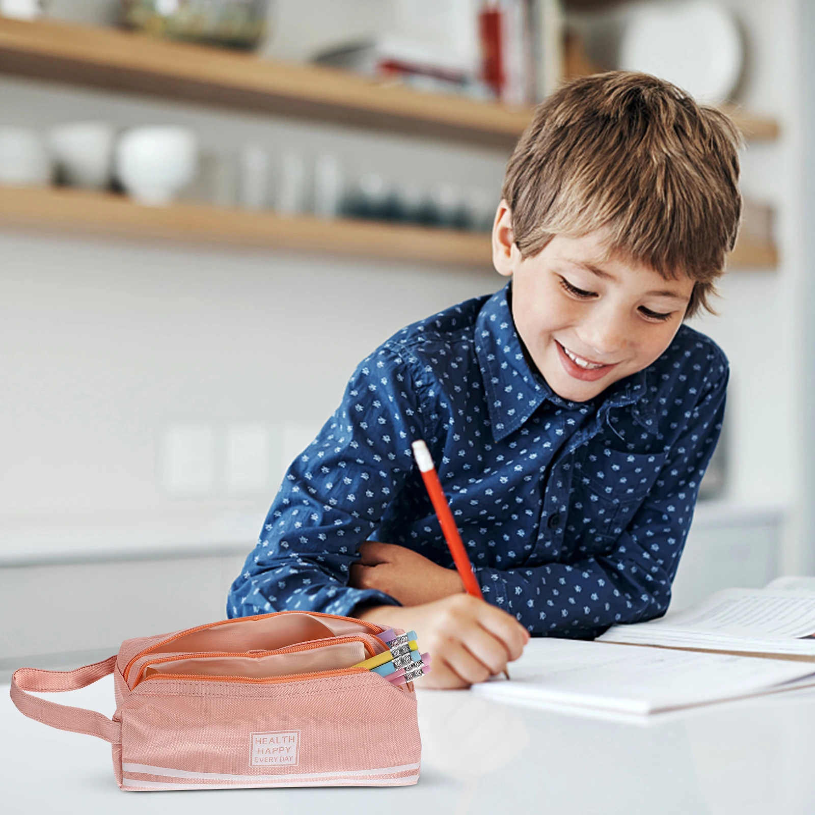 

Double Layer Canvas Pencil Bag Large Capacity Light Pink Washable Organizer For School Office Stationery Coin Zipper