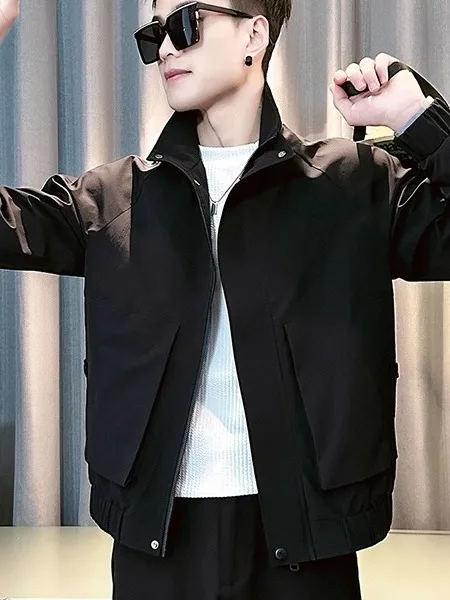 

Faionable Trendy Men's Jaet Stand Collar Zipper Decorated Polyester Fiber Spring Autumn New Sle Casual Windproof