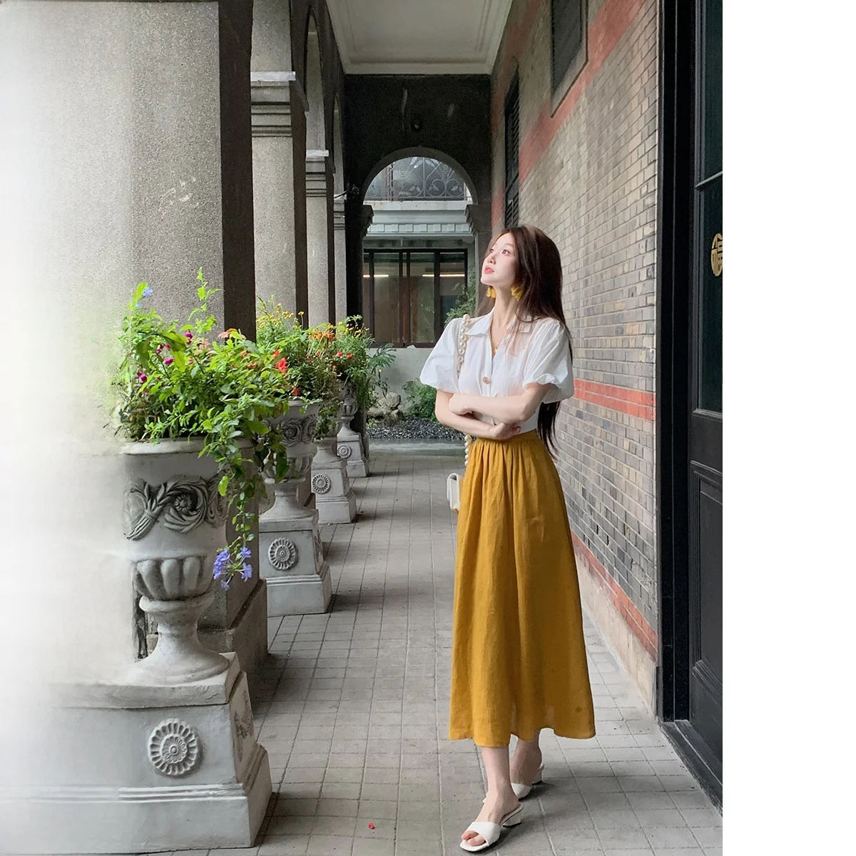 

Summer Women's Retro Bubble Sve irt Top Linen f Skirt Two-Piece Set ort Sle Faionable Casual Comfortable Fit