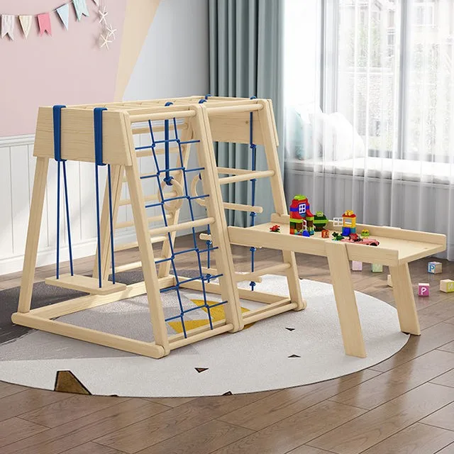 Wood Slide Kids Wood Climbing Frame Indoor Playground for Kids Indoor Wooden Baby Slide and Swing Climb Rope Ladder