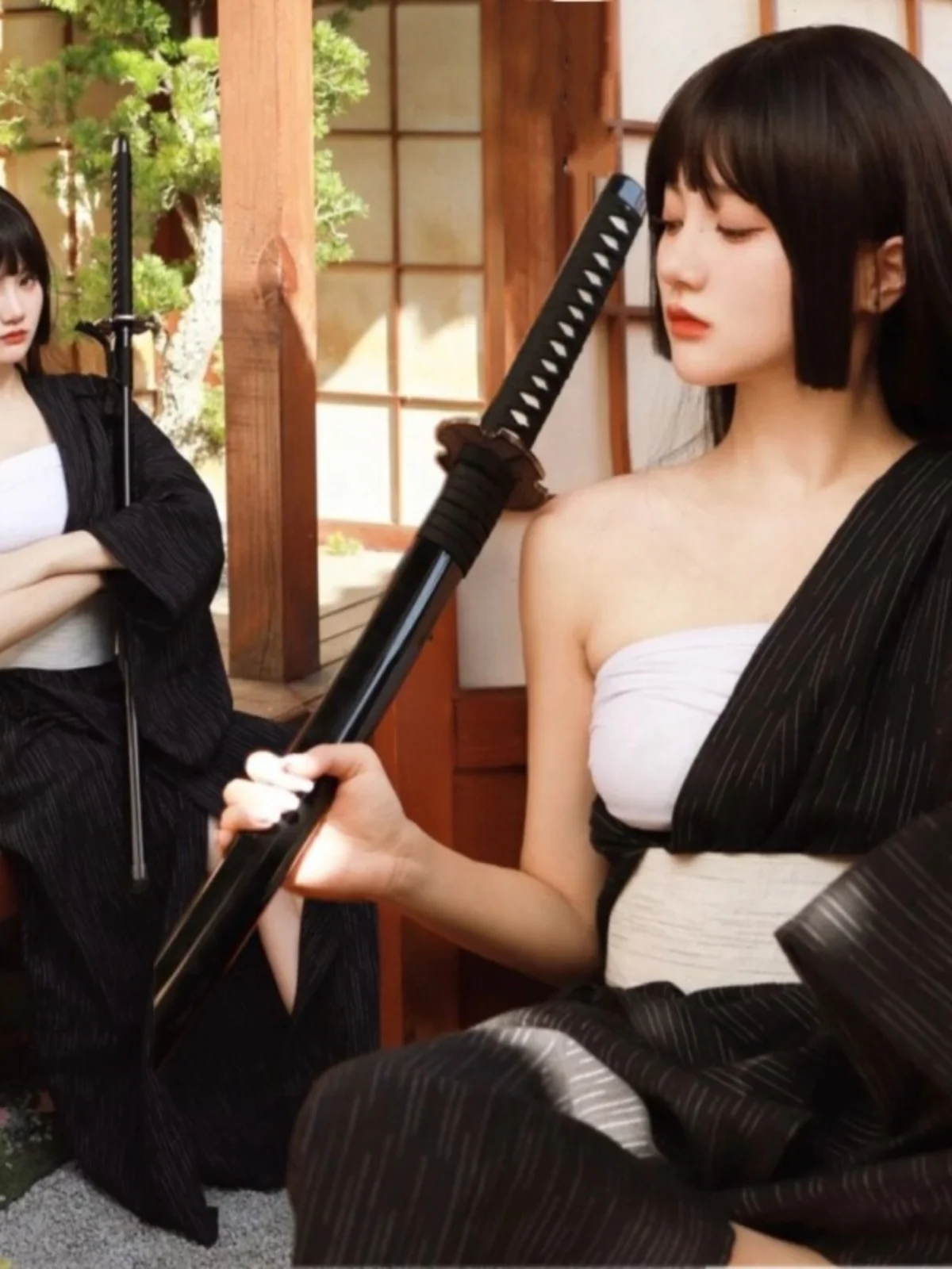 

Ladies Traditional Japanese Kimono Robe Samurai Style Summer Fashion Retro Formal Script Room Photography Costume Polyester