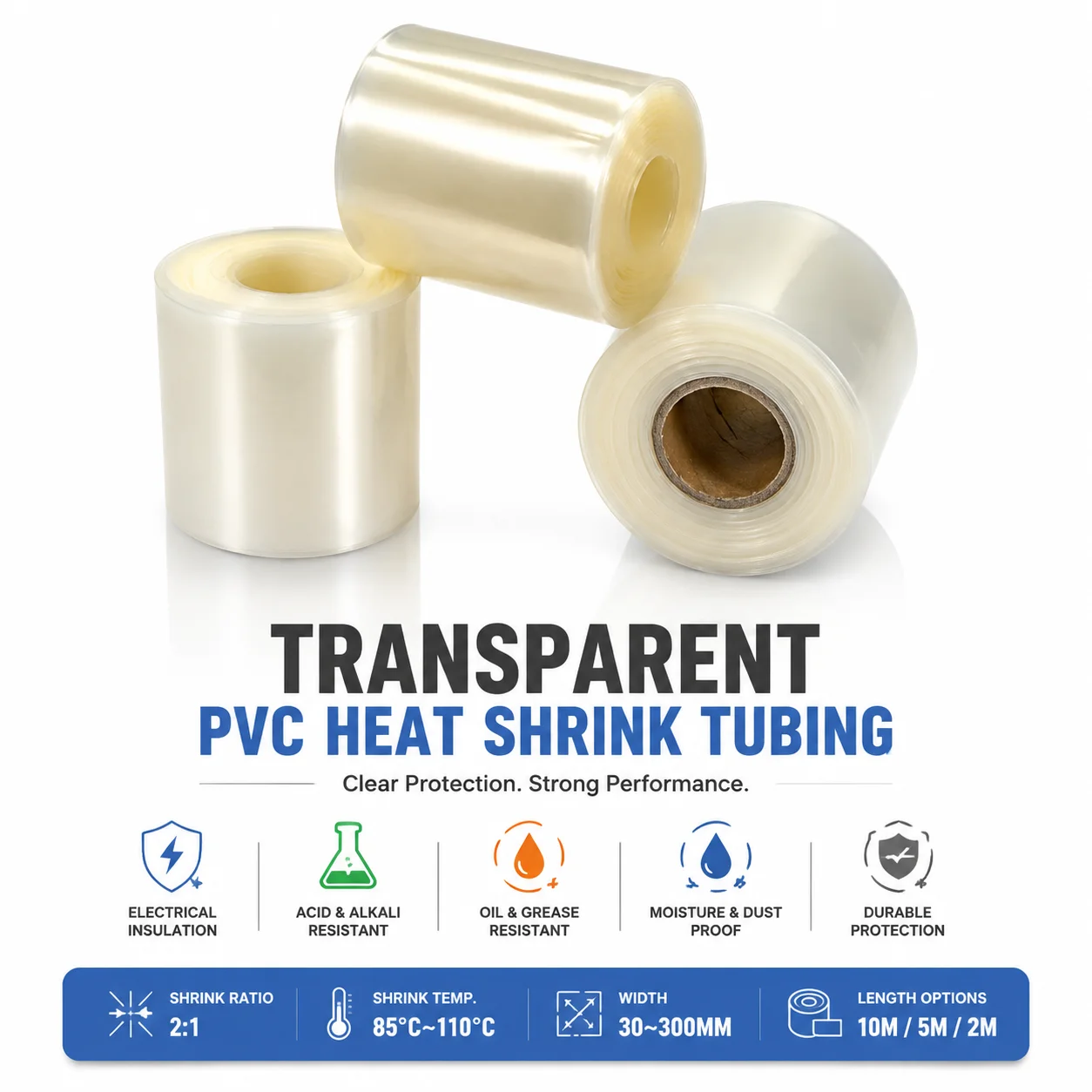 Transparent PVC Heat Shrink Tubing 30-300mm Width, Visible Protective Sleeve For Automotive Wiring Harness