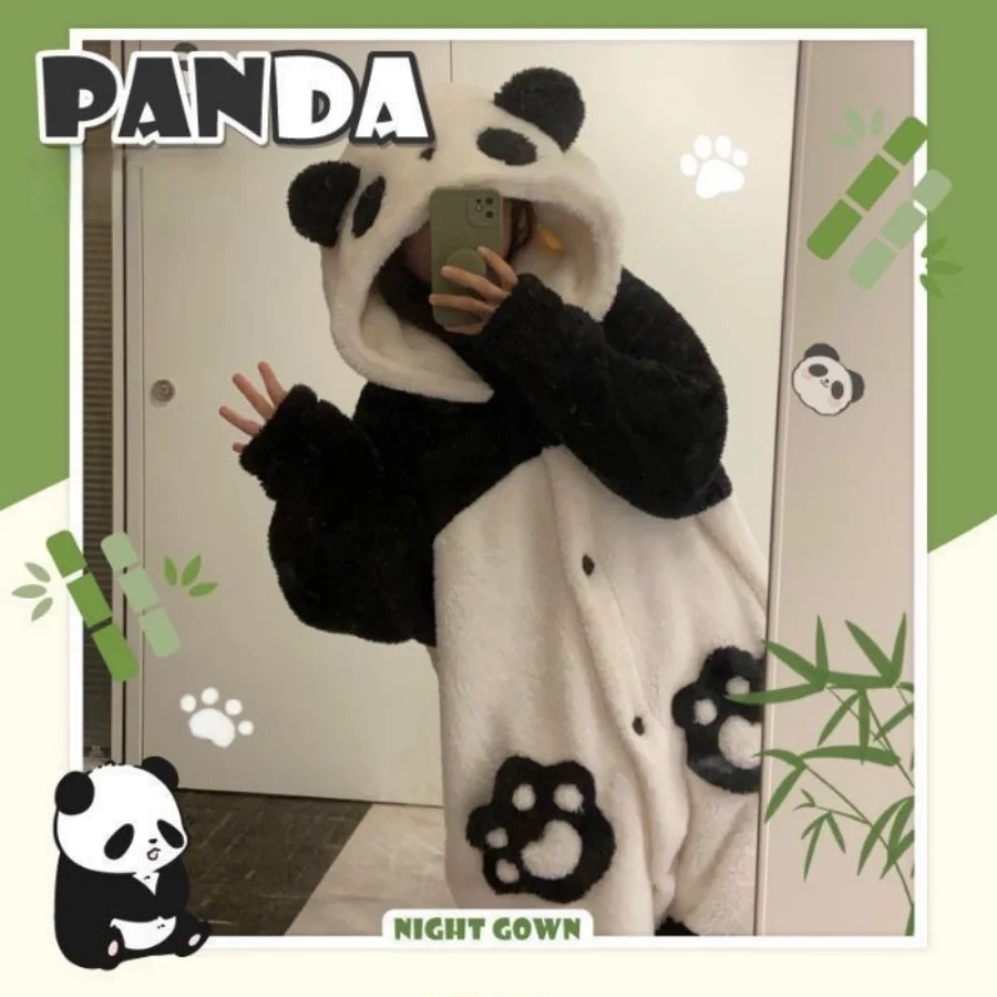 Women's Cute Panda Plush Pajama Robe with Hoodie Winter Thick Coral Fleece Knit Fabric Animal Pattern Adult Sleepwear nightgown