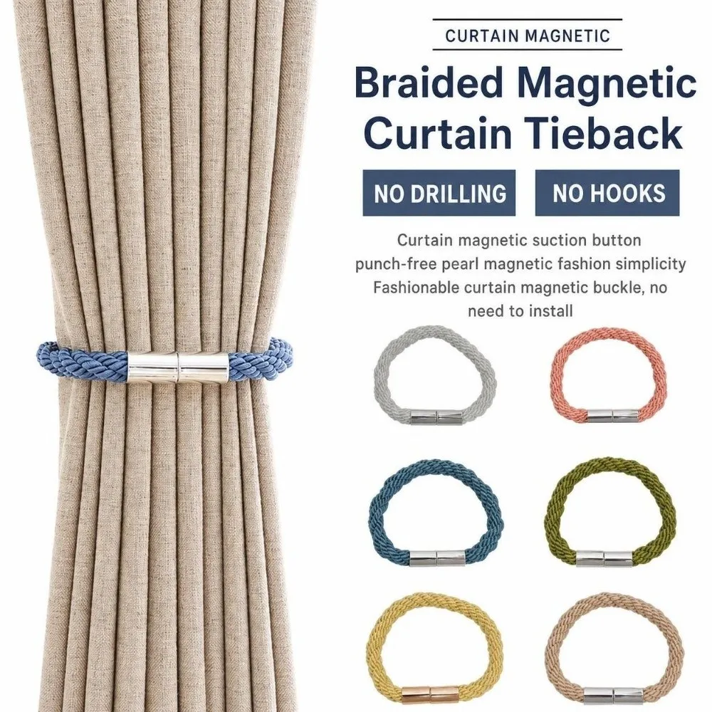 2Pcs Creative Braided Rope Curtain Tiebacks Non Perforated Strong Magnet Curtain Buckle Elegant Boho Curtain Strap Office