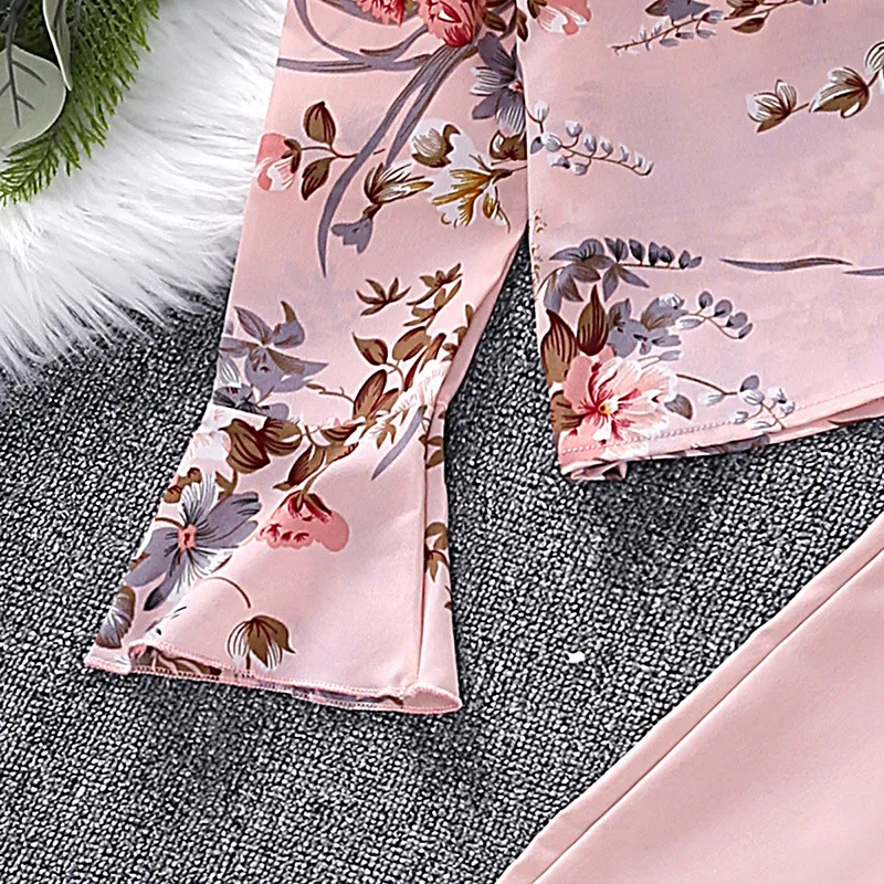 2 Pcs Kids Casual Clothing Sets Outfits for Girls 2023 New Autumn Children Fashion Pink Floral Print Tops Long Pant Sets 7-14Y