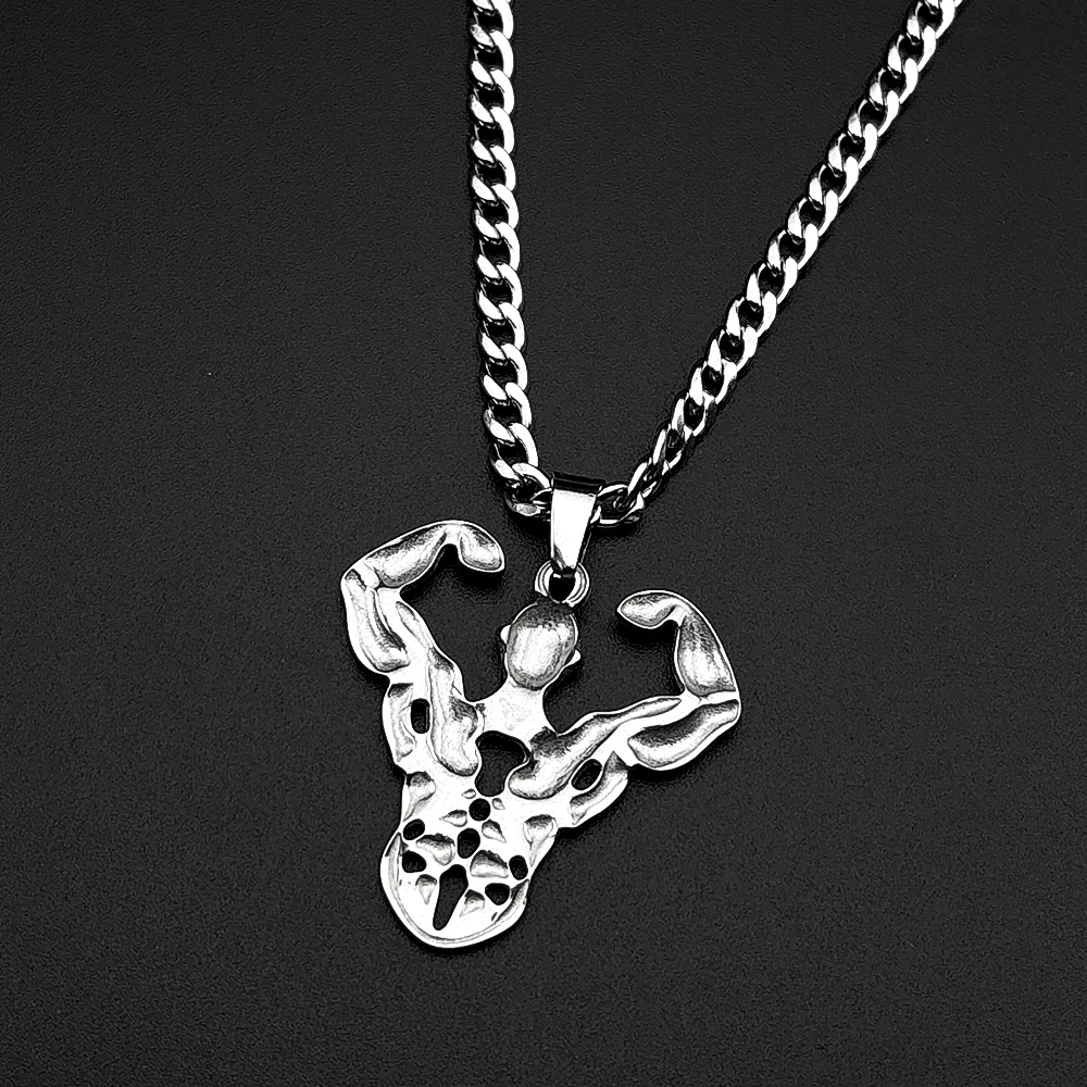 Edgy Muscle Skeleton Necklace Stainless Steel Cuban Chain Fitness Bodybuilder Charm Accessory Street Punk Gym Men Outfit Jewelry
