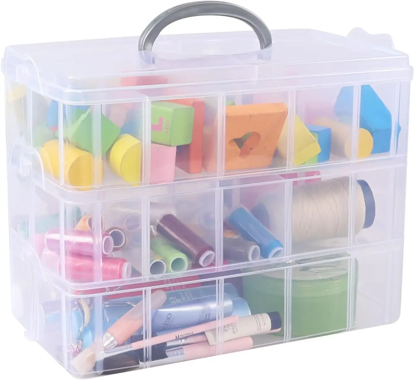 

Plastic Stackable Storage Container Box with 30 Adjustable Compartments, 3 Tiers Clear Stackable