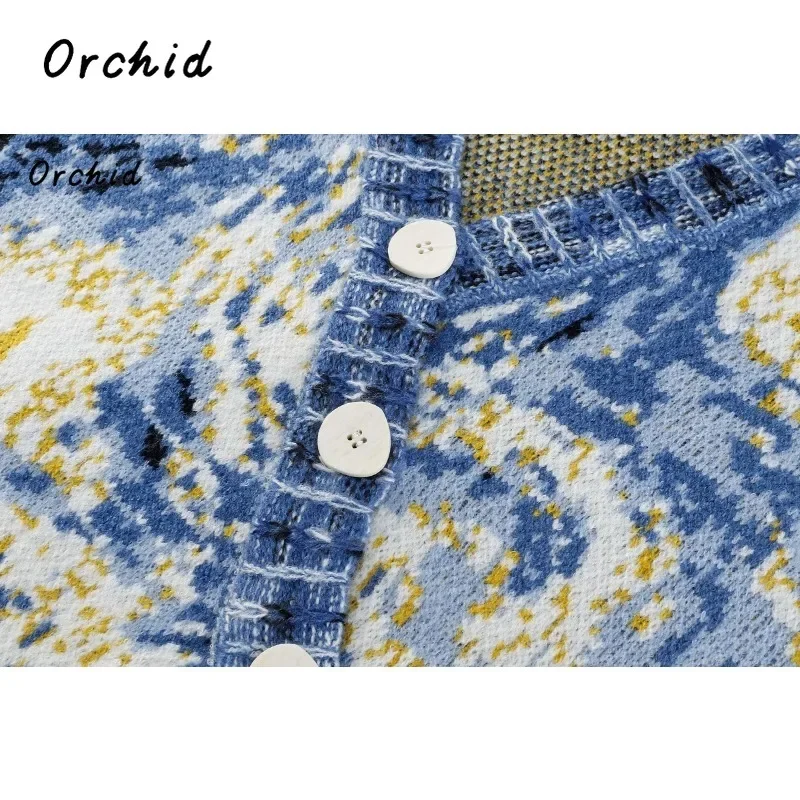 2023 Autumn Winter Fashion Vintage V-neck Van Gogh Starry Sky Hand-painted Pattern Sweater Women Loose Warm Chic Knitted Top