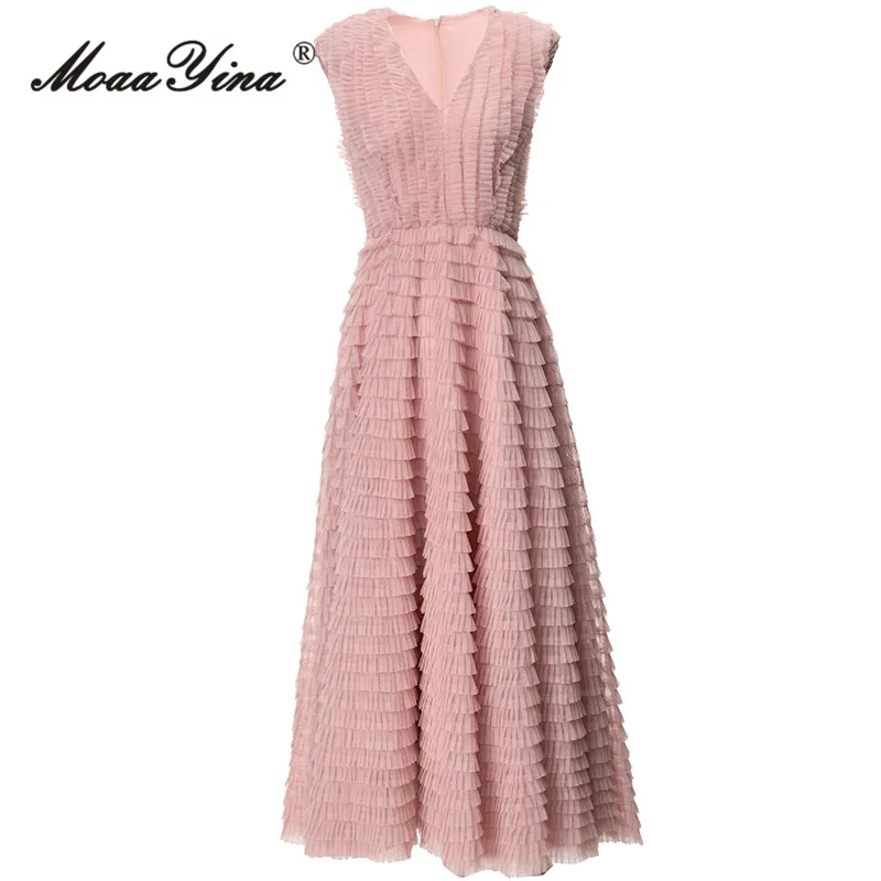 MoaaYina Spring Fashion Designer Pink Vintage Mesh Dress Women's V Neck Sleeveless Cascading Ruffles Slim A-LINE Vest Long Dress