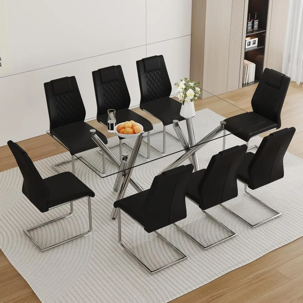 9 Piece Dining Table Set,Tempered Glass Top Dinners Tables and  Modern PU Leather High Back Side Chairs Set,Dining Room Sets