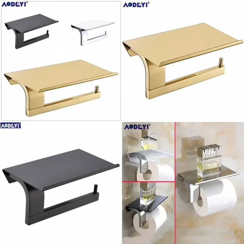 Black Toilet Paper Holder Wall Mount Tissue Roll Hanger 304 Stainless Steel Phone Platform Bathroom Hardware Set Brushed Gold