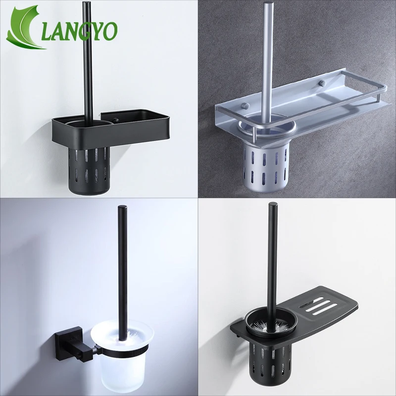 LANGYO Bathroom Toilet Brush Holder Set Black/Silvery/Grey Wall Mounted Clean Tool Bathroom Toilet Brush Set Collection