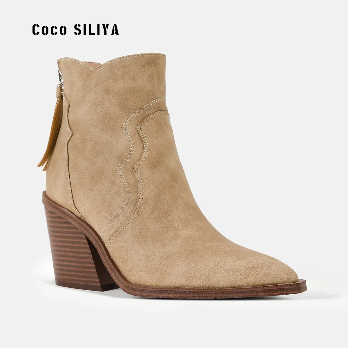 Chunky Wooden Heels Boots Woman Solid Leather Shoes Pointed Toe Wedges Botas Feminina Cowboy Ankle Bottes Chelsea Botines Mujer