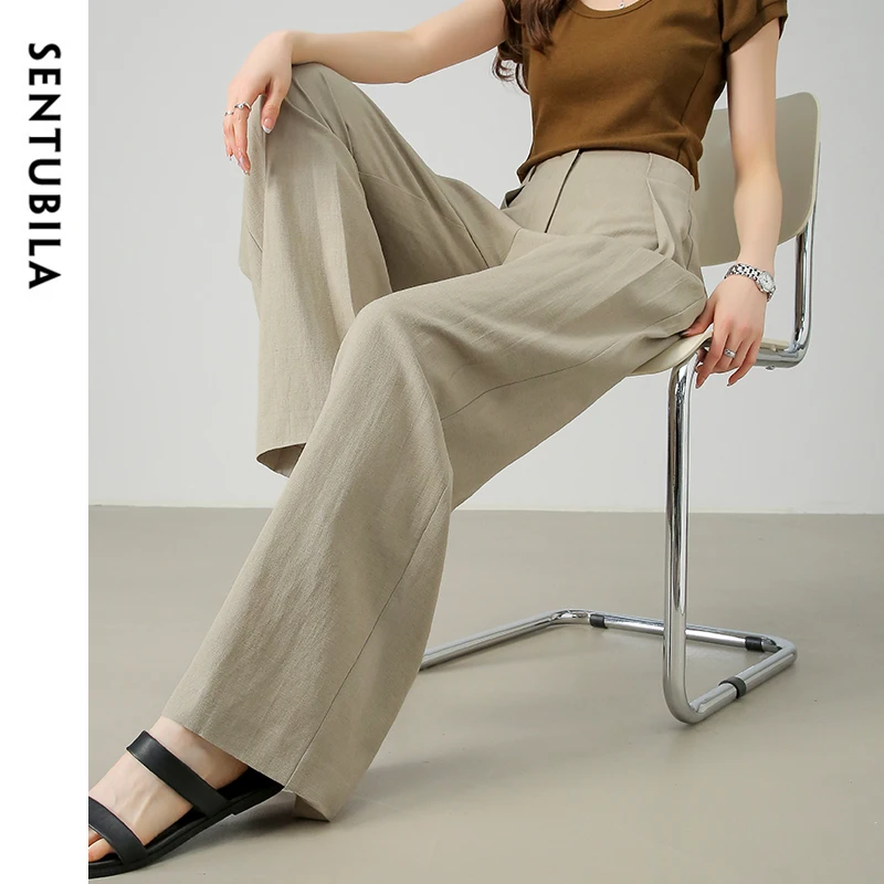 SENTUBILA Texture Linen Pants for Women 2024 Autumn Loose Fit Solid Elastic Waist Folds Comfort Wide Leg Pants 143K57611X