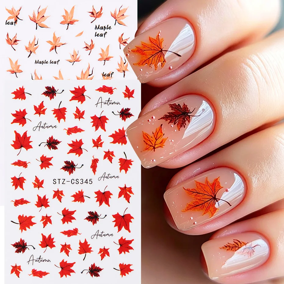 2pcs Watercolor Orange Red Maple Leaf Nail Art Stickers Fall Leaves Nail Art Decals Autumn Harvest Nail Decorations Supplies