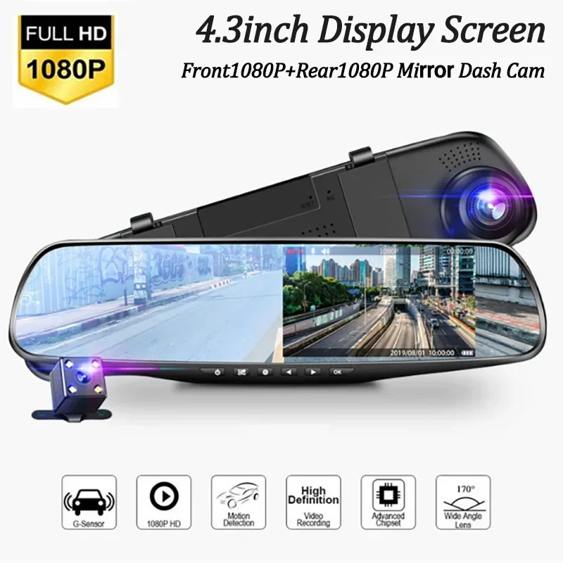 

4.3Inch Mirror Car DVR 1080P Video Recorder Dual-Len Cam Cars Front and Rear View Camera Car Camera Car Assecories