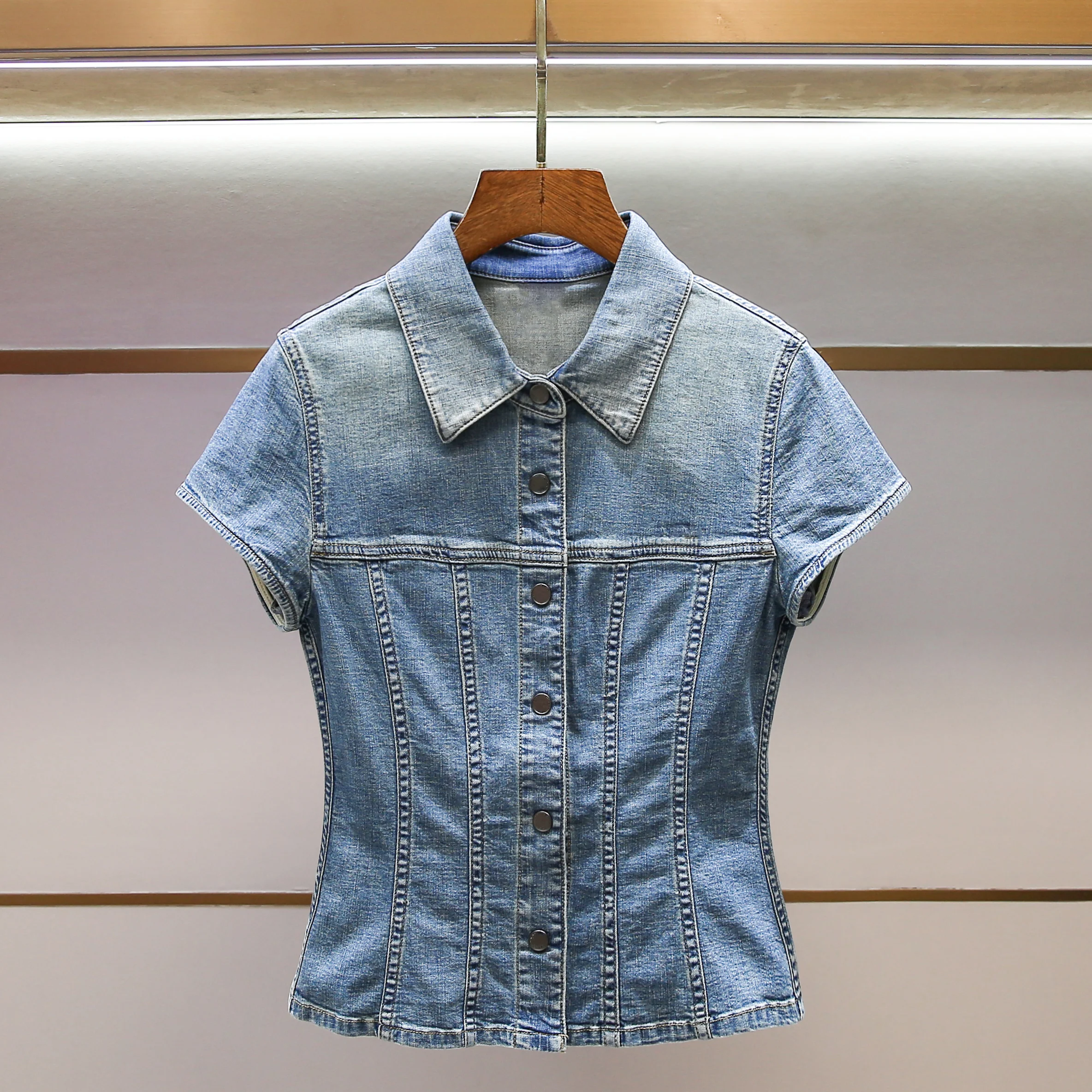 

High-End Women's Denim irt ort Sve Collar Waist-Cinching ort Length Top by Nu Autumn Collection