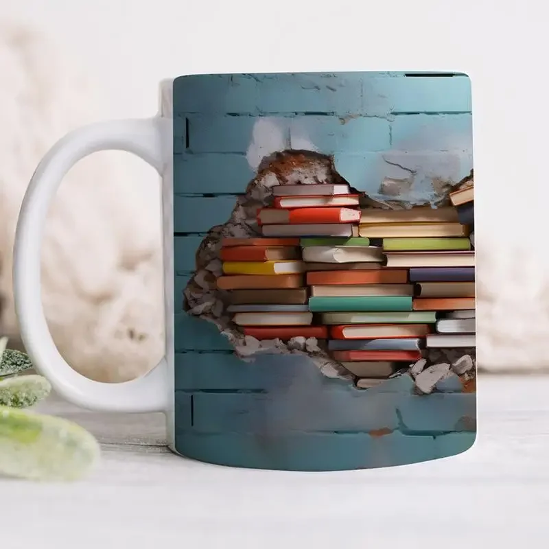 

3D Bookshelf Mug 3D Effect Flat Printing Bookshelf Pattern Tea Cup 300ml Personalized Christmas Birthday Gifts For Book Lover