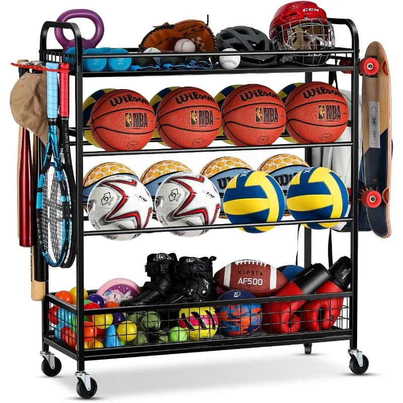 

Garage Sports Equipment Organizer - Rolling Ball Storage Bin with Wheels, Garage Sports Gear Rack Outdoor Basketball Racks for B