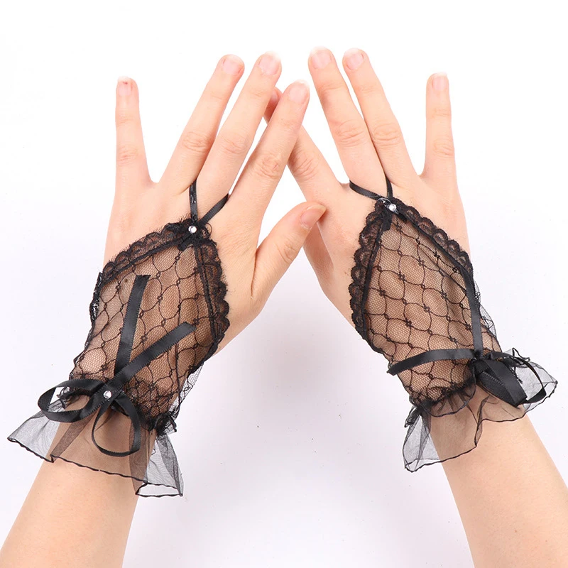 Women Lace Fingerless Gloves Solid Color White Black Red Bride Party Gloves Lady See Through Short Gloves Female Elegant Gloves