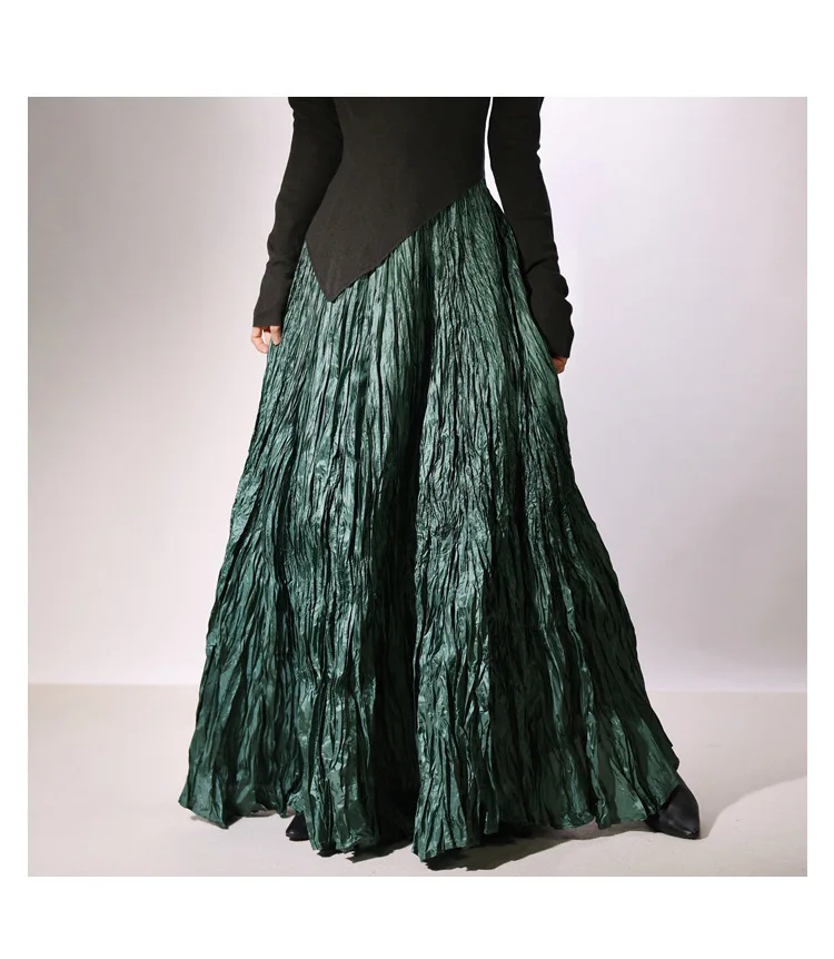 High Quality Women Spring Long Skirts Wide Hem Pleated Design High Waist A-Line Dance Maxi Skirts Faldas Femme Streetwear