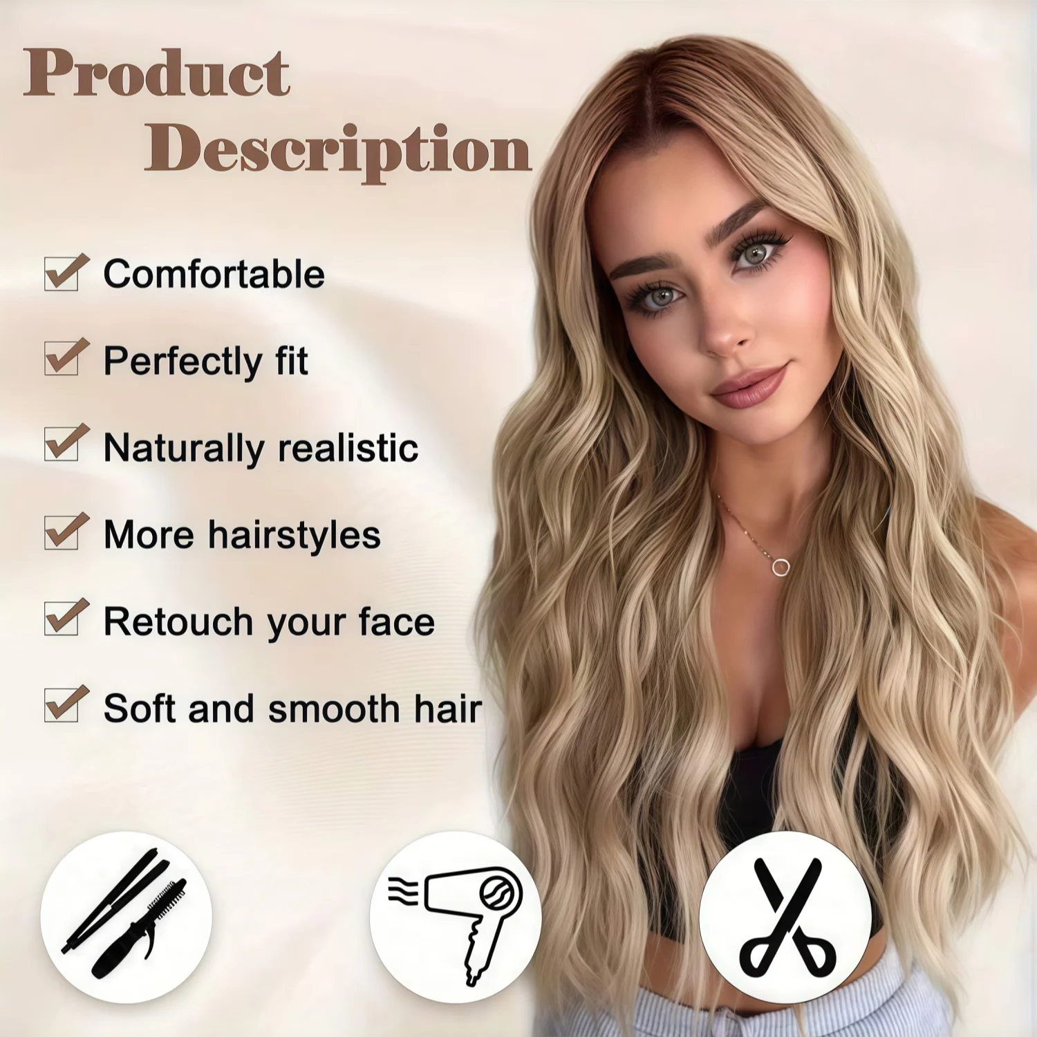 Fashionable gradient brown gold high gloss wig -66cm long loose wavy  wig, heat-resistant synthetic fiber,Carnival image 5