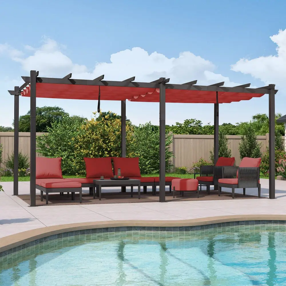 

12 X 18 Outdoor Pergola with Retractable Canopy Aluminum Shelter for Porch Garden Sun Shade Beach Pavilion Grape Trellis Grill