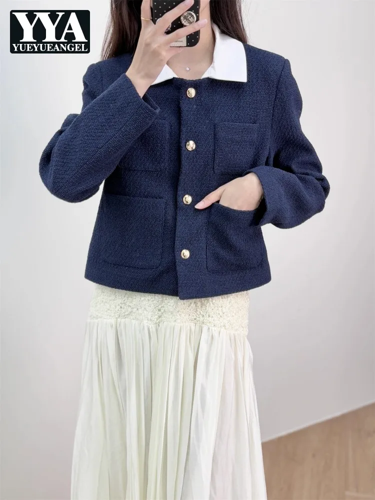 Womens Detachable Shirt Collar Dark Blue Jackets Multi Pocket Single Breasted Tops Loose Fit Straight Casual Outerwear Coats