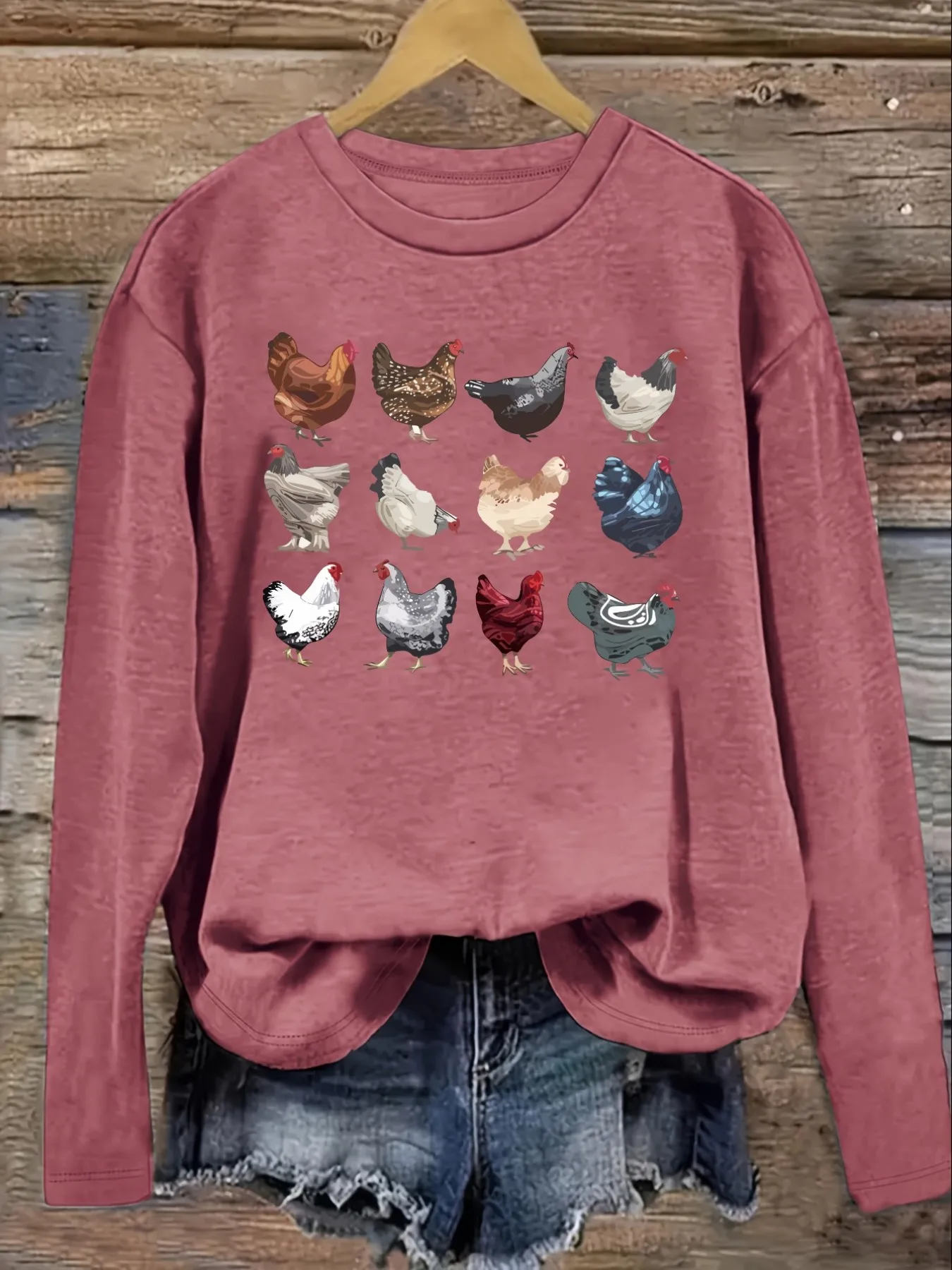 Women's Casual Long Sleeve Crew Neck T-Shirt Colorful Chicken Breed Illustration Print Design, Round Neck Women's Clothing, Machine Washable, Slightly Elastic, Loose Fit, Spring Autumn Winter Women's T-Shirt, Halloween Costume Outfit view 3