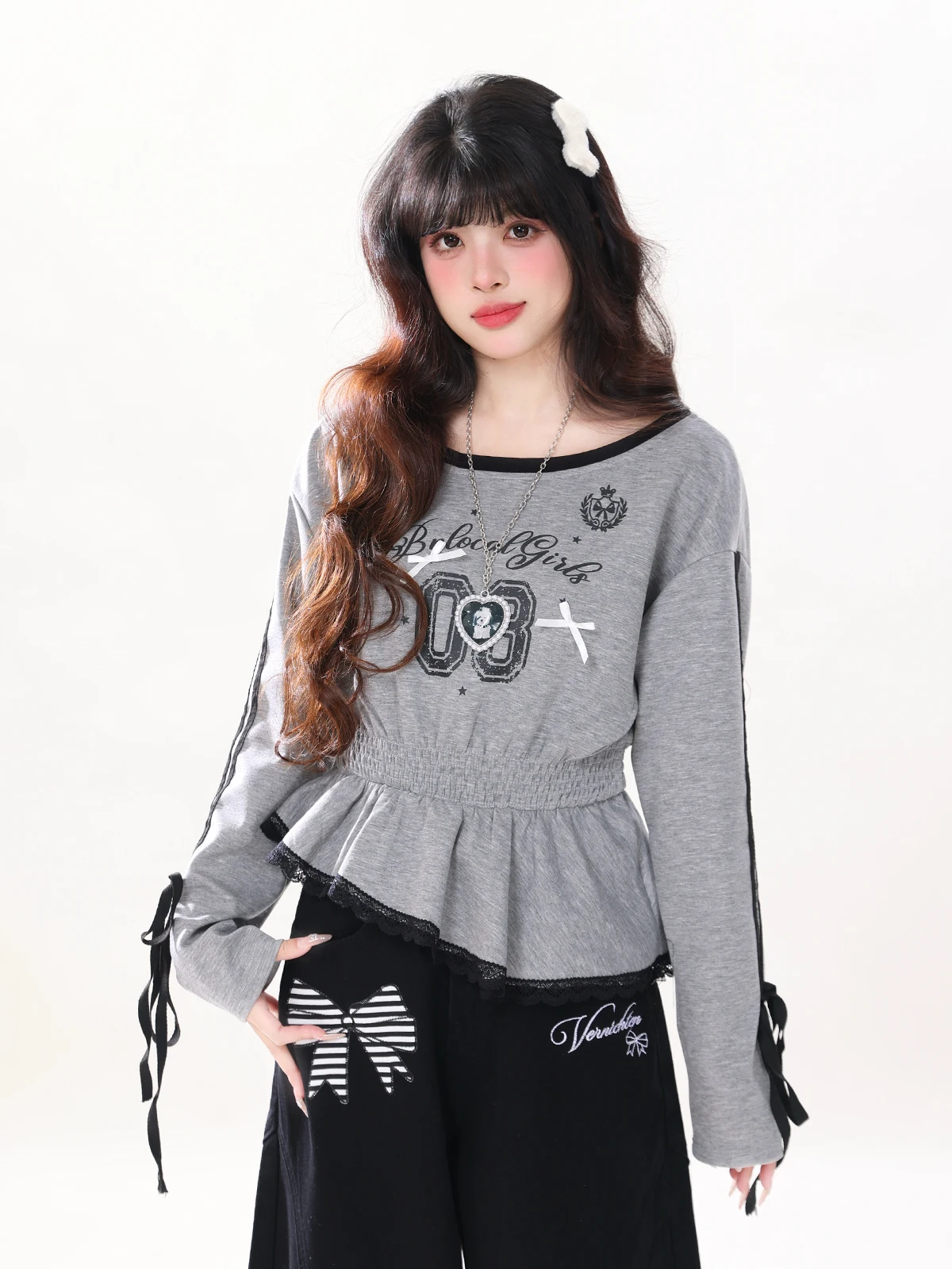 

Женская футболка ENJOG в американском стиле с кружевной отделкой на талии, длинными рукавами, асимметричным кроем, укороченная, для стройности, в стиле «сладкий и пикантный».