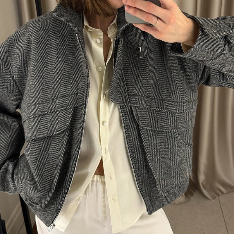 Herringbone Stand-up Collar Jacket Fall/Winter 2025 New Zippered Top with Pockets Loose Woolen Jacket