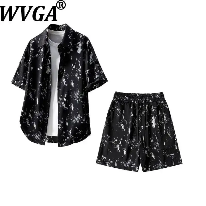 

WVGA Summer New Men Printed Trendy Short-sleeved Shirts + Shorts Two-Piece Set Niche Chic Casual Oversized Streetwear Ins W24915