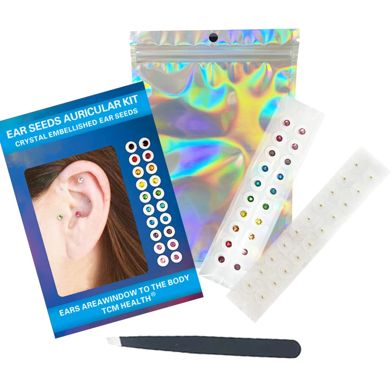 Crystals Multi-Condition Ear Seeds Acupuncture Auricular Sticker Kit 40pcs Ear Seeds With Acupressure Ear Chart Tweezer