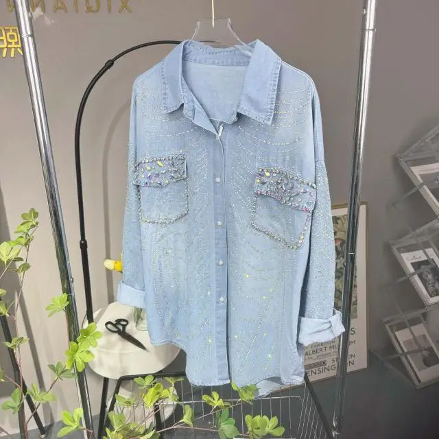 KUSAHIKI Korean Chic Top Striped Diamond Denim Jacket Casual Fashion Women Shirt 2024 New Long Sleeve Jeans Blouse Coat