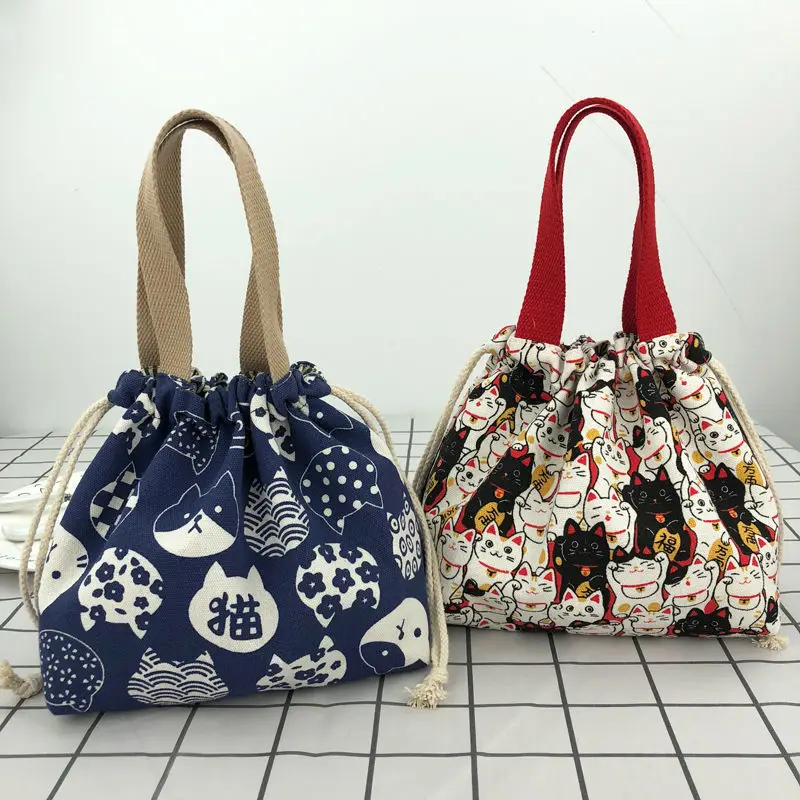 Japanese Cute Bento Bag Tote Canvas Lunch Bags Cartoon Anime Drawstring Bag Foldable Holds Two Lunch Boxes