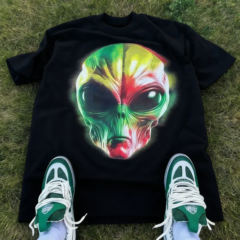 스트리트웨어 티셔츠 Y2K 고딕 힙합 만화 외계인 그래픽 프린트 오버사이즈 티셔츠 남녀 공용 라운드넥 코튼 반팔 탑