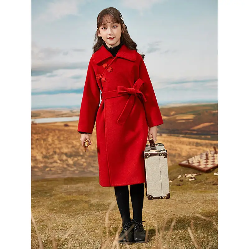 Chinoiserie style Girls woolen coat autumn winter red teen Girl Long Woolen Coat Tweed Overcoat Children Kids Jackets Clothes