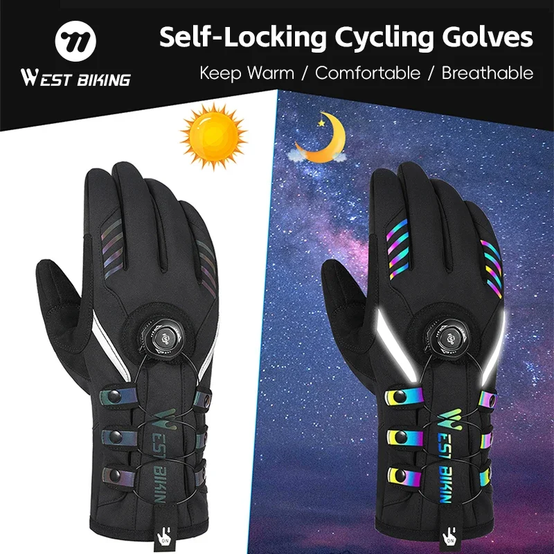 

WEST BIKING Self-locking Bike Gloves Autumn&Winter Fleece Cycling Gloves Reflective Touch Screen Skiing Gloves Motorcycle Gloves