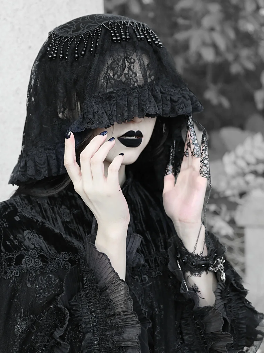 Blood Supply Original Design Classical Gothic Black Heavy Lace Covering Dark Lace Headdress with Veil Headband