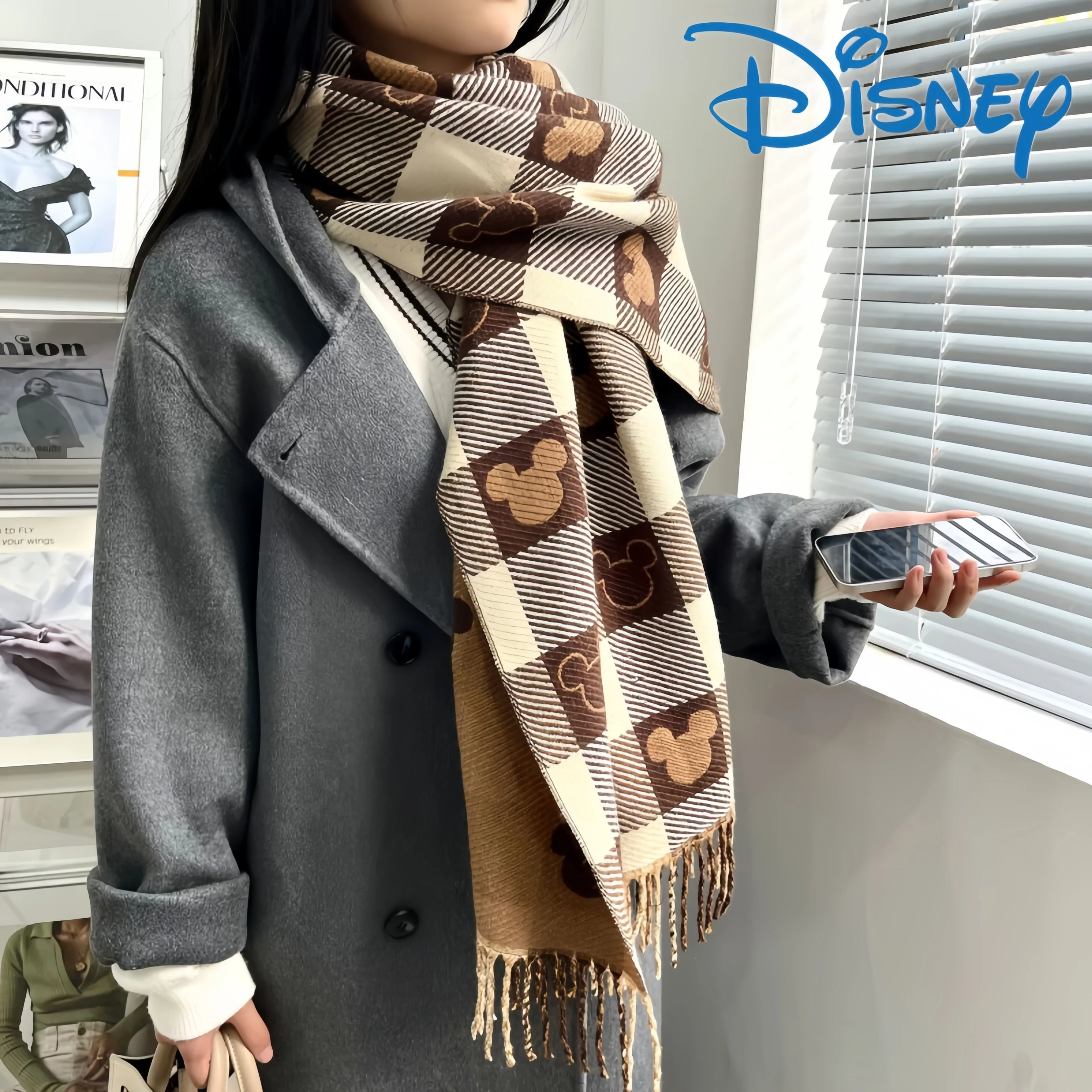 2023 Kawaii Disney Winter Mickey Mouse Head Scarf Women Double-sided Shawl Imitation Cashmere Retro Foreign Style Fashion Match