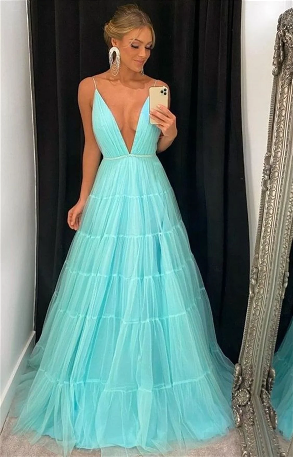 Amanda Spaghetti Strap Prom Dress 2023 Light Blue فستان سهرة Sexy Open Back Vestido De Novia Deep V-neck A-line Prom Gown