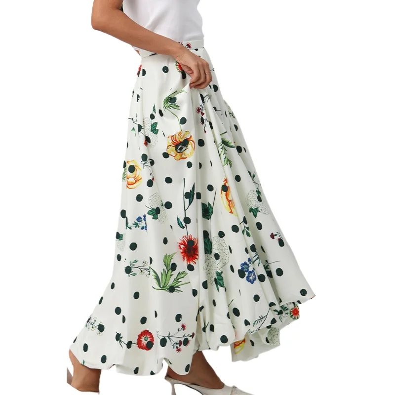 

Polka Dot Printing High Waist Flower Bud Skirt 2024 New Spring Autumn Vintage Big Bottom Ultra Long A-line Women Casual Skirts