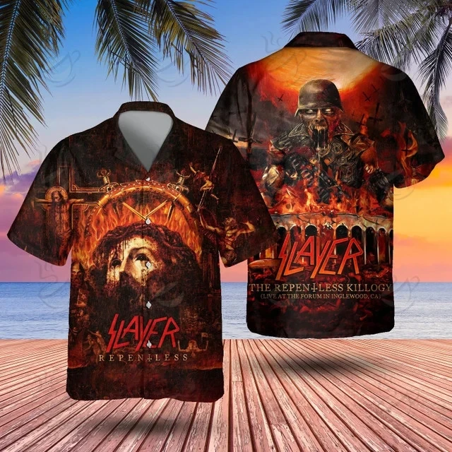 

2025 Men's Slayer Rock Shirts 3D Print Hawaiian Shirts Summer Men Women Hip Hop Trend Short Sleeve Blouse Casual Beach Y2k Tops