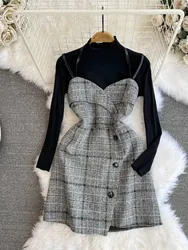 Elegante Mini abito con spalline sottili donna autunno inverno abito di lana scozzese irregolare Vintage senza maniche elegante prendisole