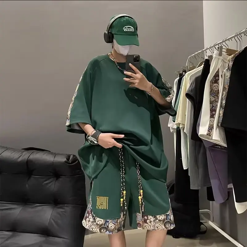 Olive Green Spliced Set Men's New Chinese Style Fashion Brand Versatile Two-Piece Summer Fashion Short Sleeve T-Shirt Shorts