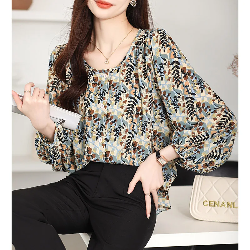 Women Clothing Chic O-neck Long Sleeve Chiffon Shirt Spring Summer Fashion Elegant Floral Printing Blouses Casual Loose Y2k Tops