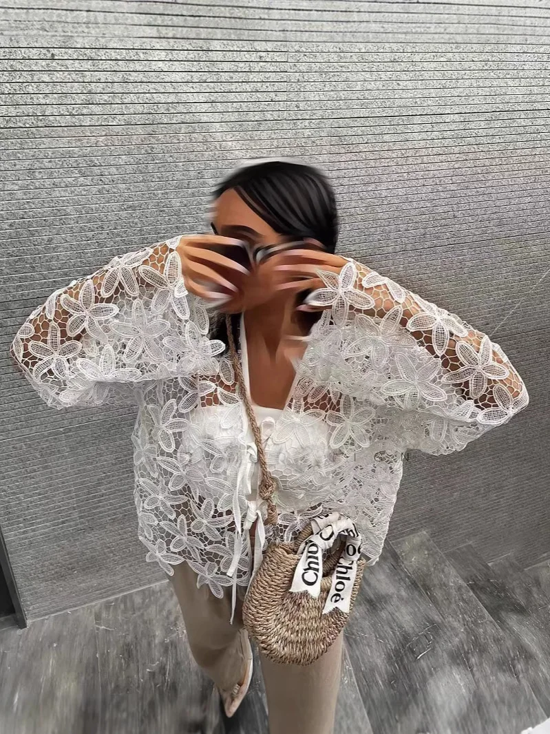 

VEITCHE Cute Women's V-Neck Long Sleeve Cardigan Summer 2025 Sunscreen Casual White Color Versatile Hollow Lace-Up Design