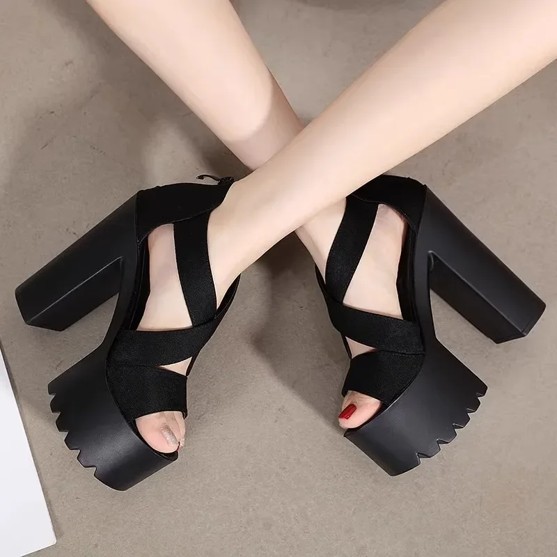 14cm Women's Chunky Heels Sandals with Waterproof Platform and Nightclub T-Strap Design for Fashion Show High-heeled Sandals