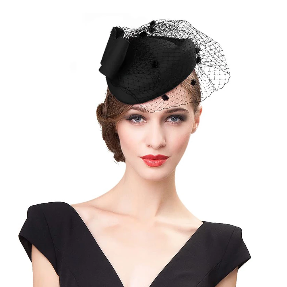 Women Elegant Bowknot Veil Fascinator Hat Cocktail Beret Cap Lady Wedding Party Church Hair Accessories Wool Felt Pillbox Hat